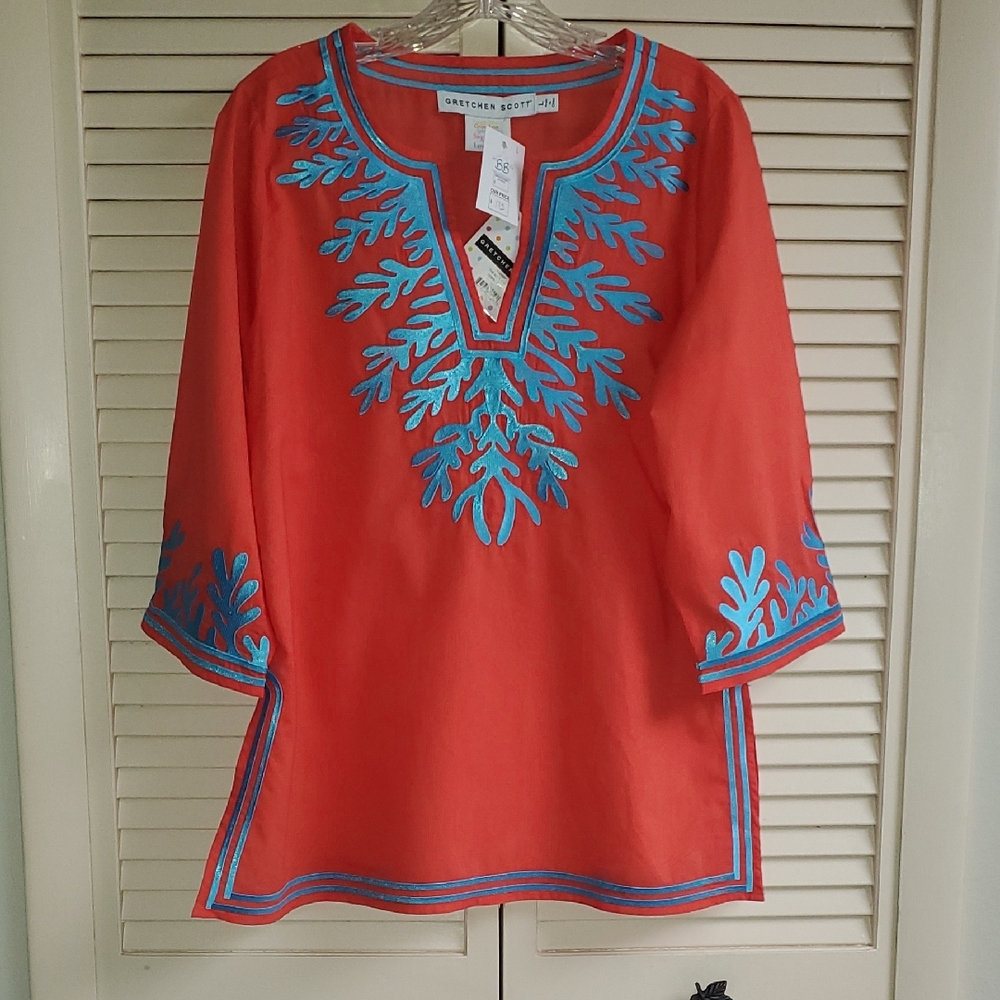 Gretchen Scott Designs Coral Tunic with Turquoise Embroidery